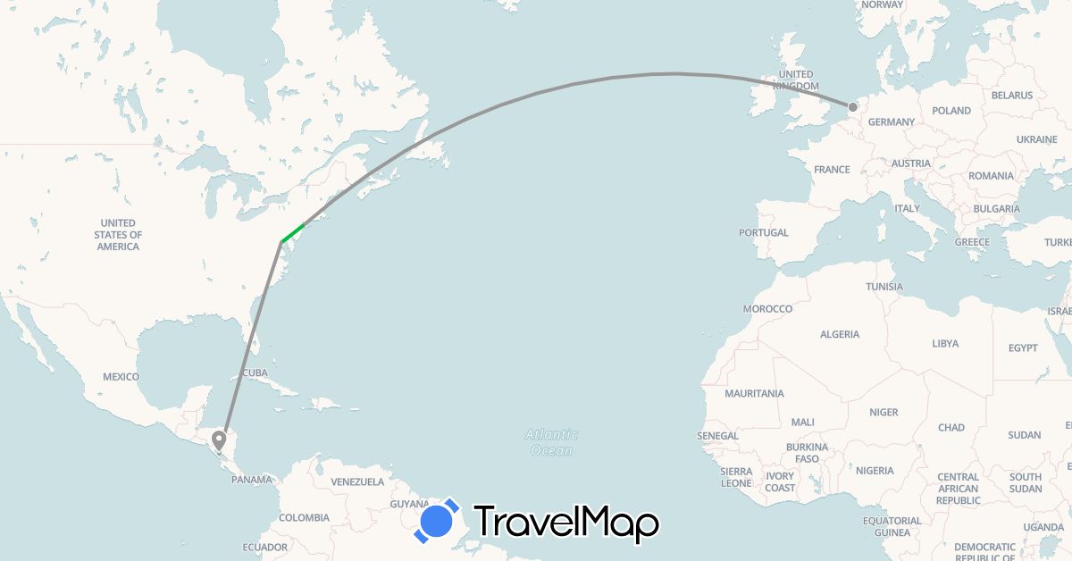 TravelMap itinerary: driving, bus, plane in Nicaragua, Netherlands, United States (Europe, North America)